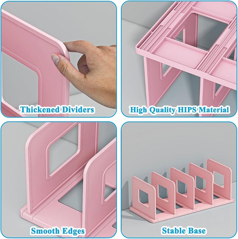 SAYEEC Desk File Sorter Vertical Desktop File Folder Organizer 4 Section Plastic Book Holder Adjustable Shelf Dividers Closet Purse Handbag Mail Binder Organizer Magazine Rack Stand Bookshelf (Pink) - Image 3